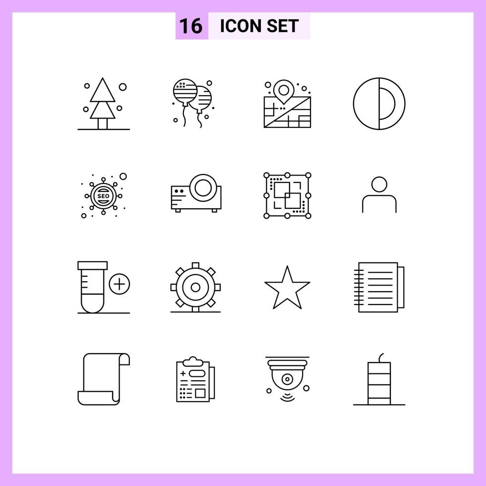 grupo de símbolos de ícone universal de 16 contornos modernos de localização de marketing seo sol espaço editável elementos de design vetorial vetor