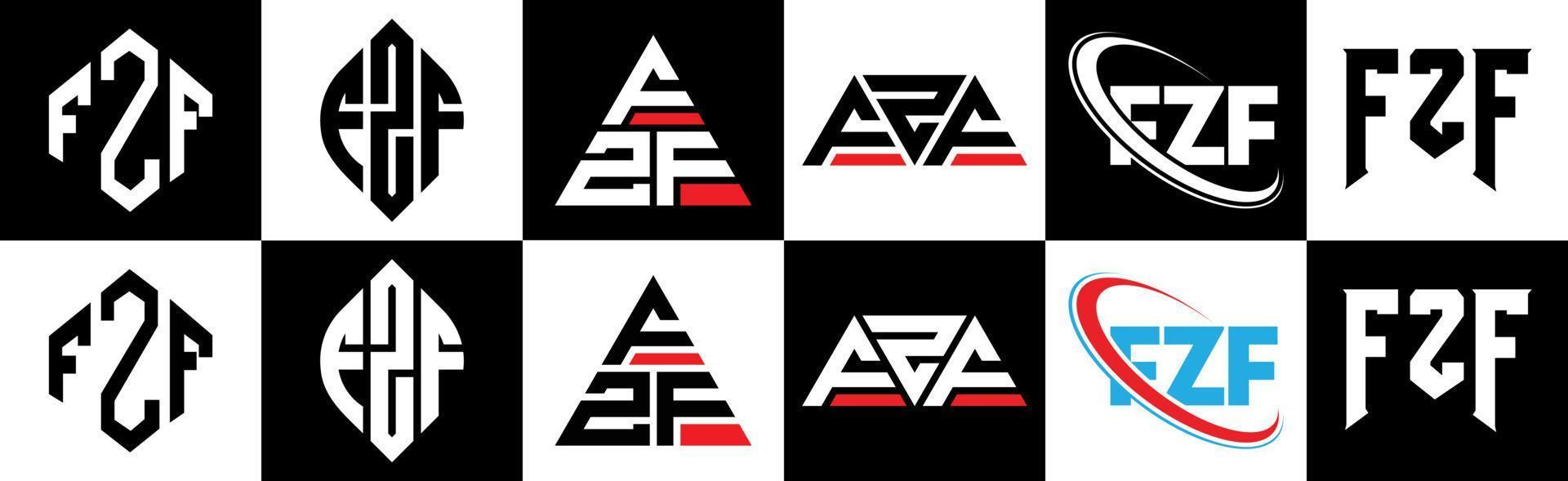 design do logotipo da letra fzf em seis estilos. fzf polígono, círculo, triângulo, hexágono, estilo plano e simples com logotipo de carta de variação de cor preto e branco definido em uma prancheta. fzf logotipo minimalista e clássico vetor