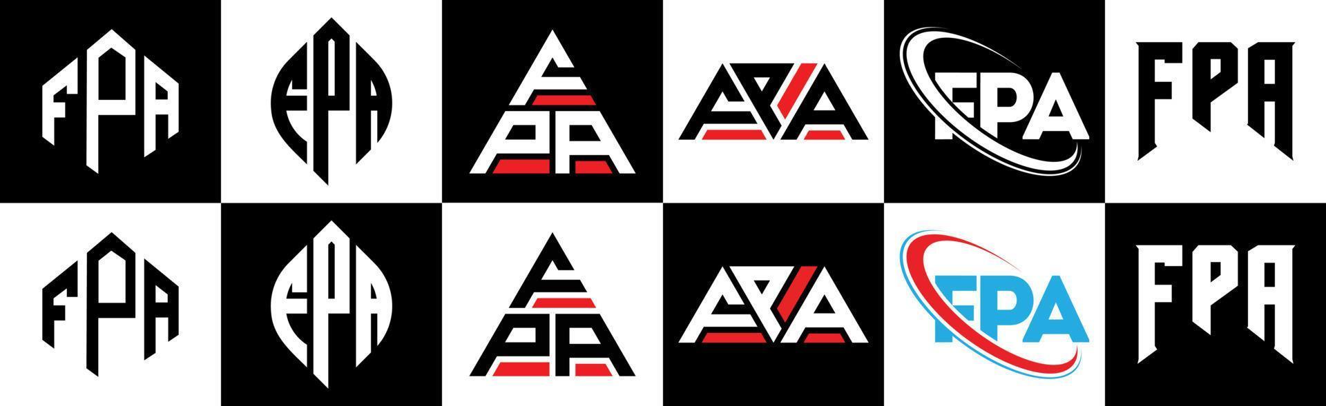 design de logotipo de letra fpa em seis estilos. polígono fpa, círculo, triângulo, hexágono, estilo plano e simples com logotipo de carta de variação de cor preto e branco definido em uma prancheta. fpa logotipo minimalista e clássico vetor