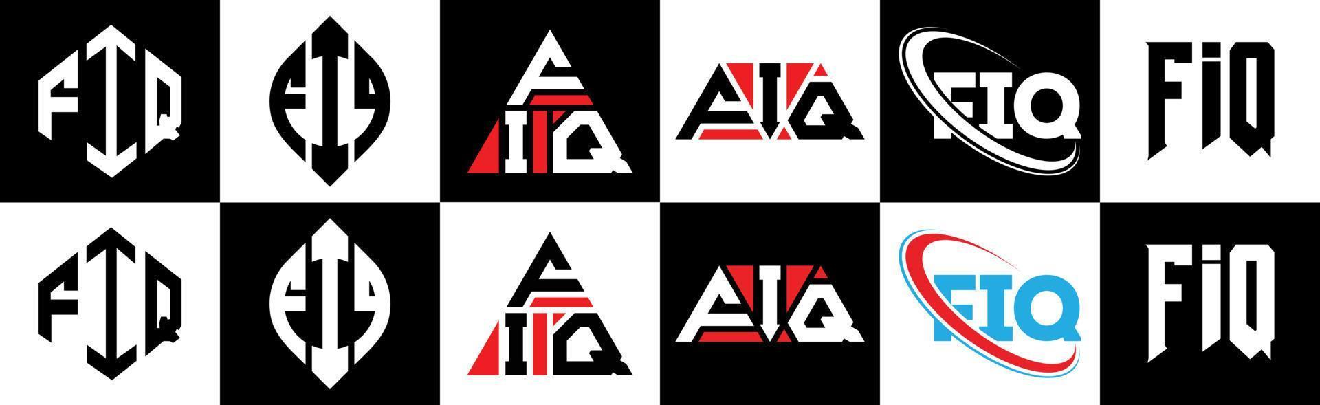 design de logotipo de letra fiq em seis estilos. fiq polígono, círculo, triângulo, hexágono, estilo plano e simples com logotipo de carta de variação de cor preto e branco definido em uma prancheta. logo fiq minimalista e clássico vetor