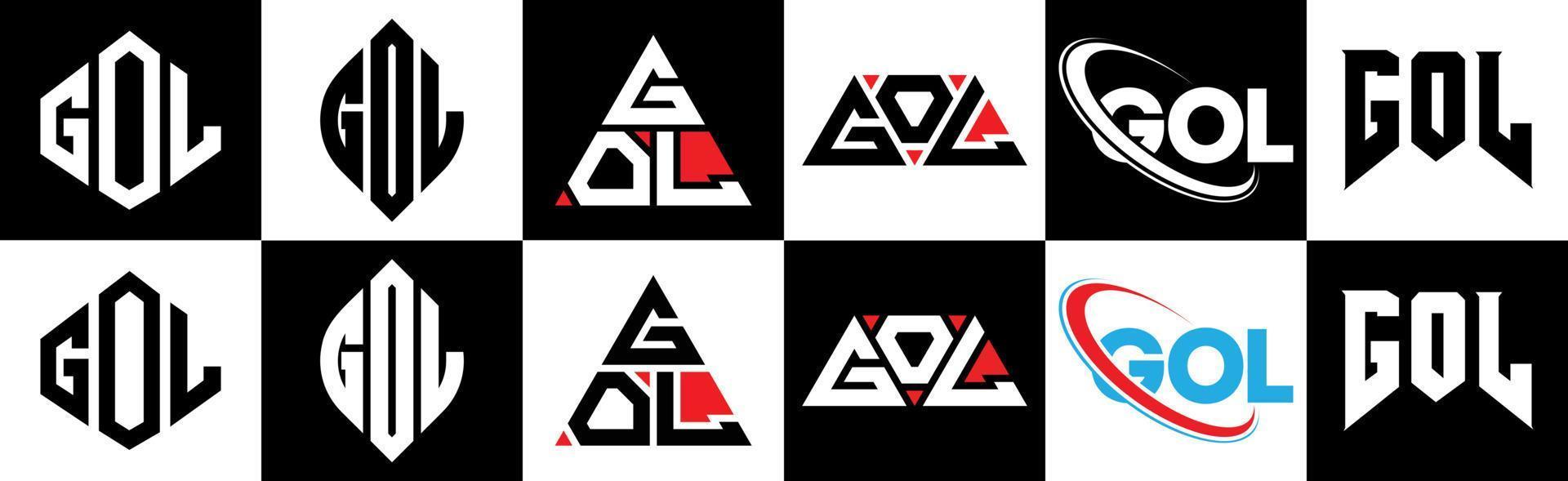 design de logotipo de carta gol em seis estilos. polígono gol, círculo, triângulo, hexágono, estilo plano e simples com logotipo de carta de variação de cor preto e branco definido em uma prancheta. logotipo minimalista e clássico do gol vetor