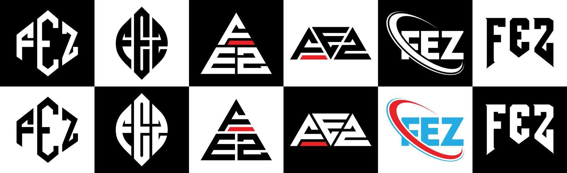 design de logotipo de carta fez em seis estilos. fez polígono, círculo, triângulo, hexágono, estilo plano e simples com logotipo de carta de variação de cor preto e branco definido em uma prancheta. fez logotipo minimalista e clássico vetor