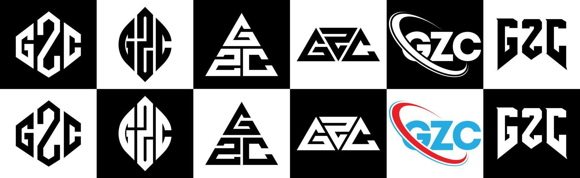 design de logotipo de carta gzc em seis estilos. gzc polígono, círculo, triângulo, hexágono, estilo plano e simples com logotipo de carta de variação de cor preto e branco definido em uma prancheta. gzc logotipo minimalista e clássico vetor