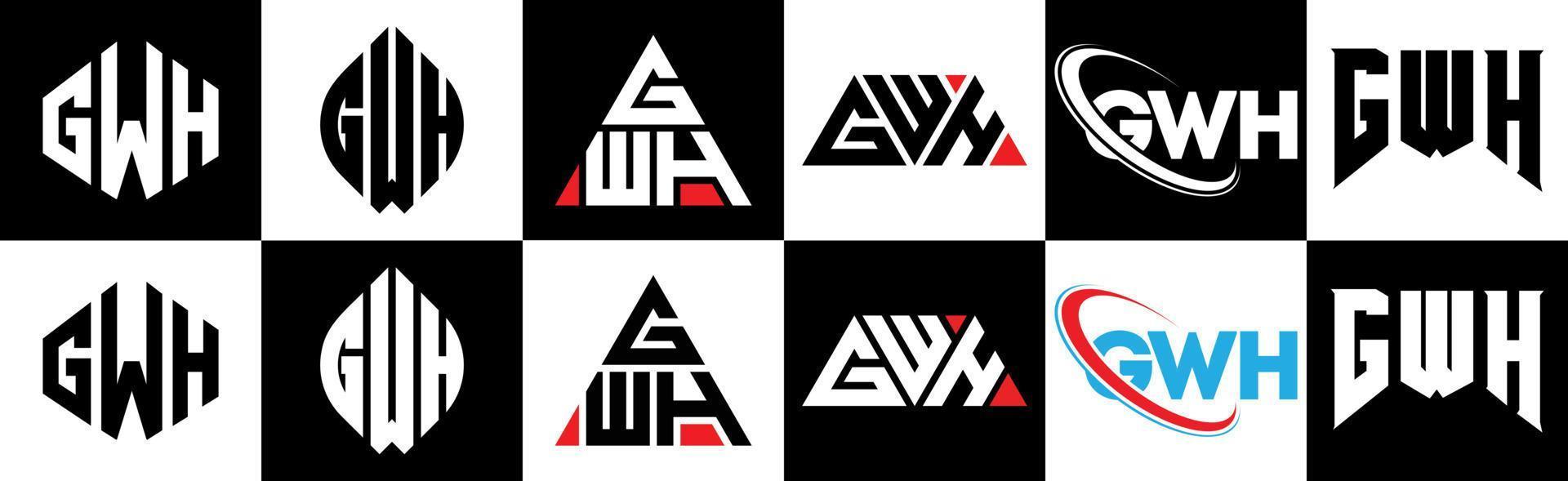 design de logotipo de letra gwh em seis estilos. gwh polígono, círculo, triângulo, hexágono, estilo plano e simples com logotipo de carta de variação de cor preto e branco definido em uma prancheta. gwh logotipo minimalista e clássico vetor