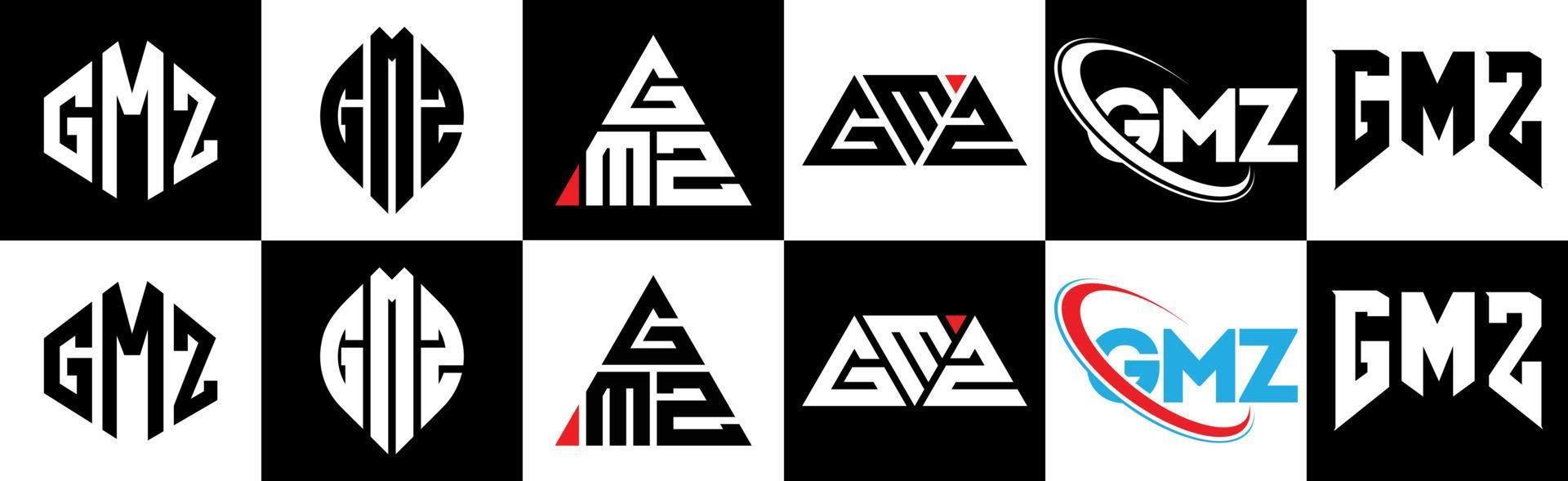 design de logotipo de carta gmz em seis estilos. gmz polígono, círculo, triângulo, hexágono, estilo plano e simples com logotipo de carta de variação de cor preto e branco definido em uma prancheta. gmz logotipo minimalista e clássico vetor