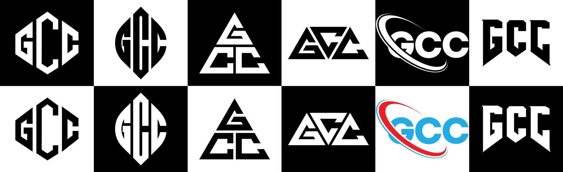 design de logotipo de carta gcc em seis estilos. gcc polígono, círculo, triângulo, hexágono, estilo plano e simples com logotipo de carta de variação de cor preto e branco definido em uma prancheta. gcc logotipo minimalista e clássico vetor