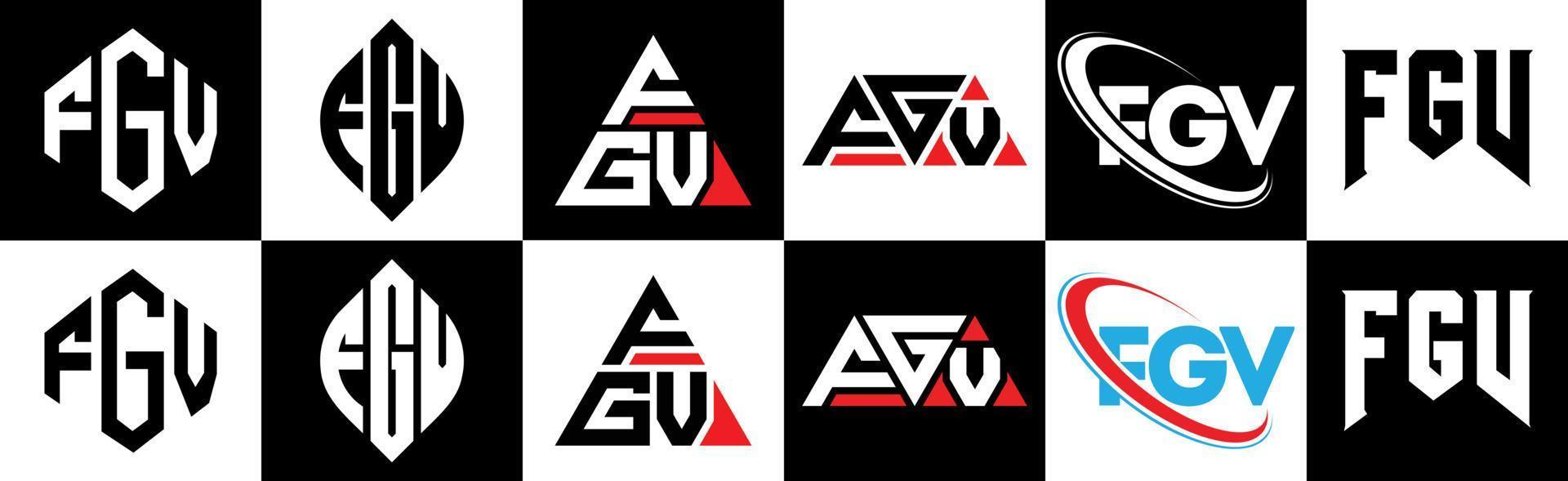 design de logotipo de carta fgv em seis estilos. fgv polígono, círculo, triângulo, hexágono, estilo plano e simples com logotipo de carta de variação de cor preto e branco definido em uma prancheta. fgv logotipo minimalista e clássico vetor