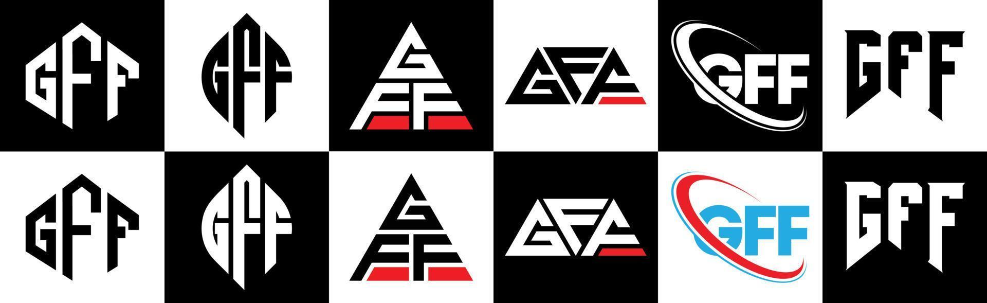 design de logotipo de carta gff em seis estilos. polígono gff, círculo, triângulo, hexágono, estilo plano e simples com logotipo de carta de variação de cor preto e branco definido em uma prancheta. gff logotipo minimalista e clássico vetor