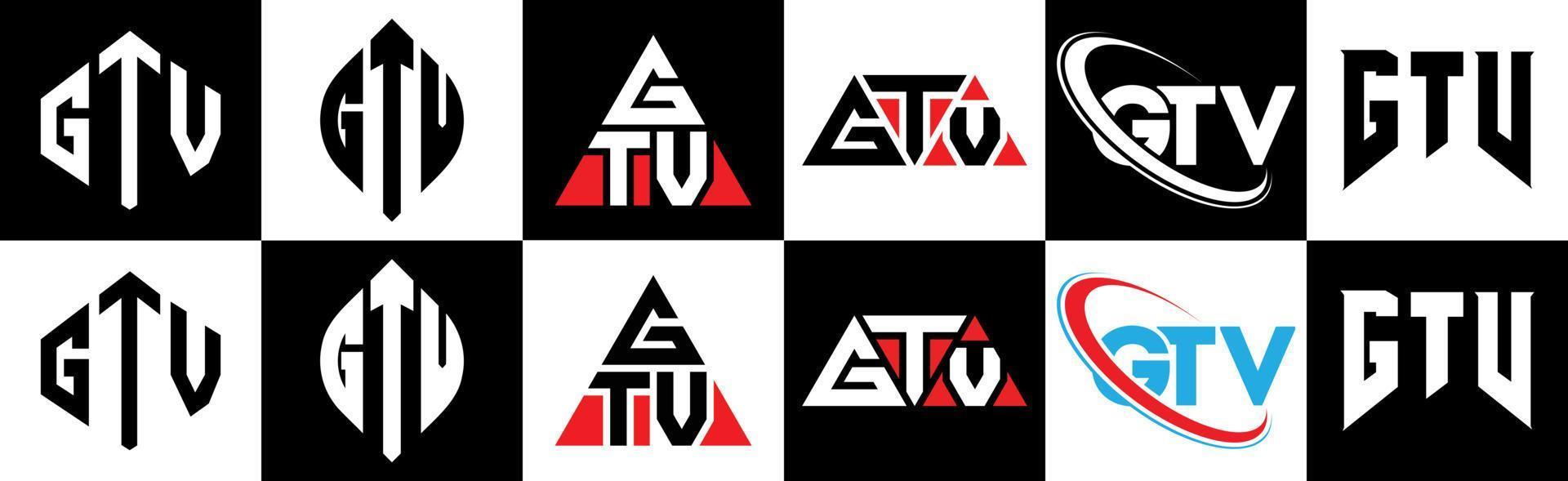 design de logotipo de carta gtv em seis estilos. polígono gtv, círculo, triângulo, hexágono, estilo plano e simples com logotipo de carta de variação de cor preto e branco definido em uma prancheta. gtv logotipo minimalista e clássico vetor