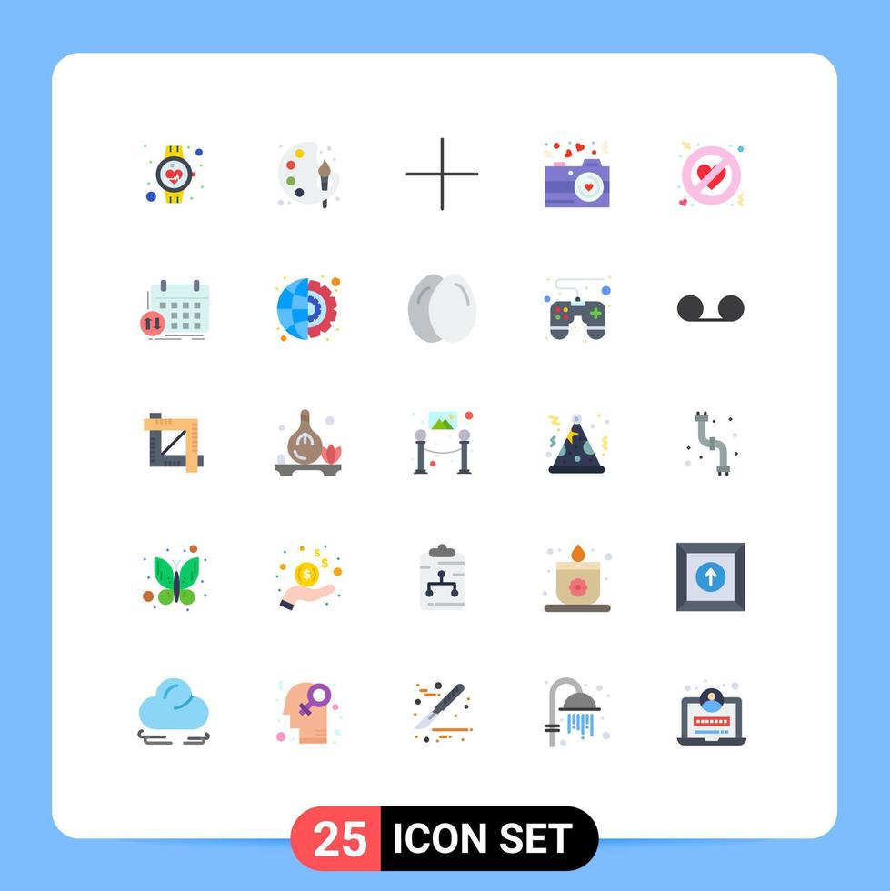 25 sinais universais de cores planas, símbolos de nenhum amor, câmera de fotografia colorida dos namorados, elementos de design de vetores editáveis