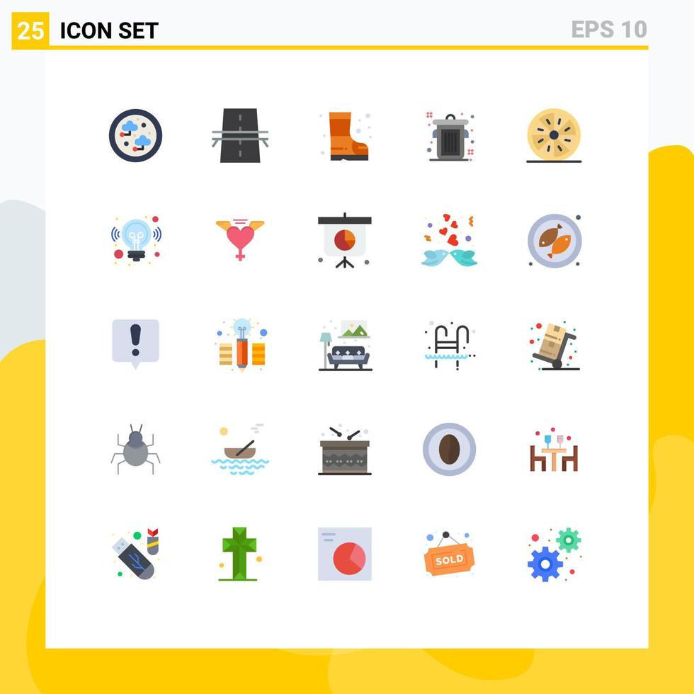 conjunto de cores planas de interface móvel de 25 pictogramas de lata de lixo de estrada de bebida de frutas elementos de design vetorial editáveis vetor