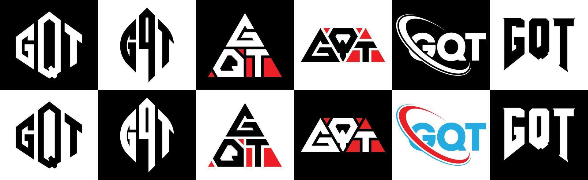 design de logotipo de letra gqt em seis estilos. polígono gqt, círculo, triângulo, hexágono, estilo plano e simples com logotipo de carta de variação de cor preto e branco definido em uma prancheta. gqt logotipo minimalista e clássico vetor