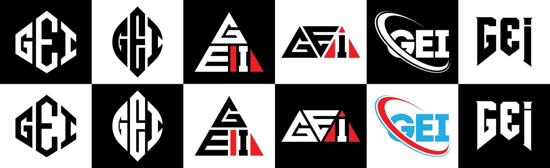 design de logotipo de carta gei em seis estilos. polígono gei, círculo, triângulo, hexágono, estilo plano e simples com logotipo de carta de variação de cor preto e branco definido em uma prancheta. gei logotipo minimalista e clássico vetor