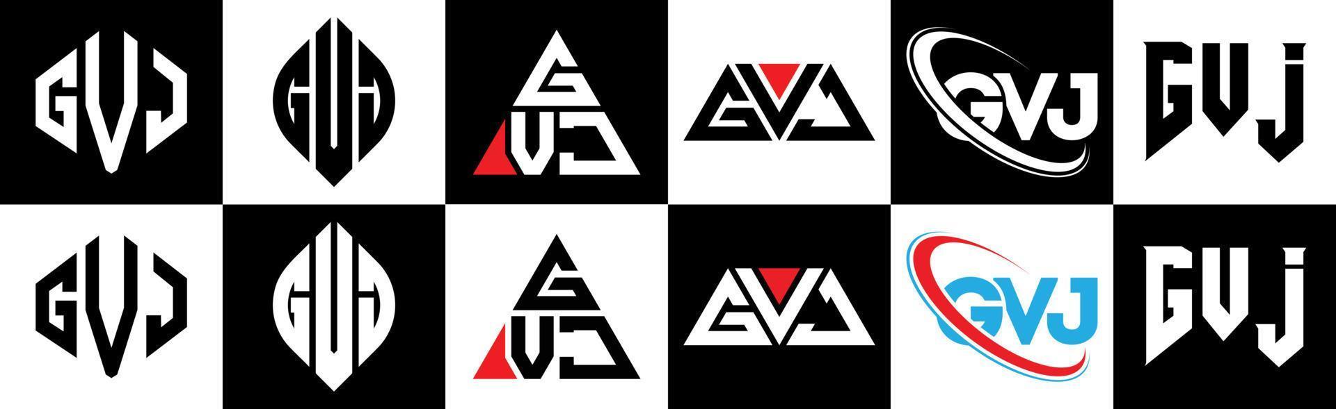 design de logotipo de carta gvj em seis estilos. polígono gvj, círculo, triângulo, hexágono, estilo plano e simples com logotipo de carta de variação de cor preto e branco definido em uma prancheta. gvj logotipo minimalista e clássico vetor