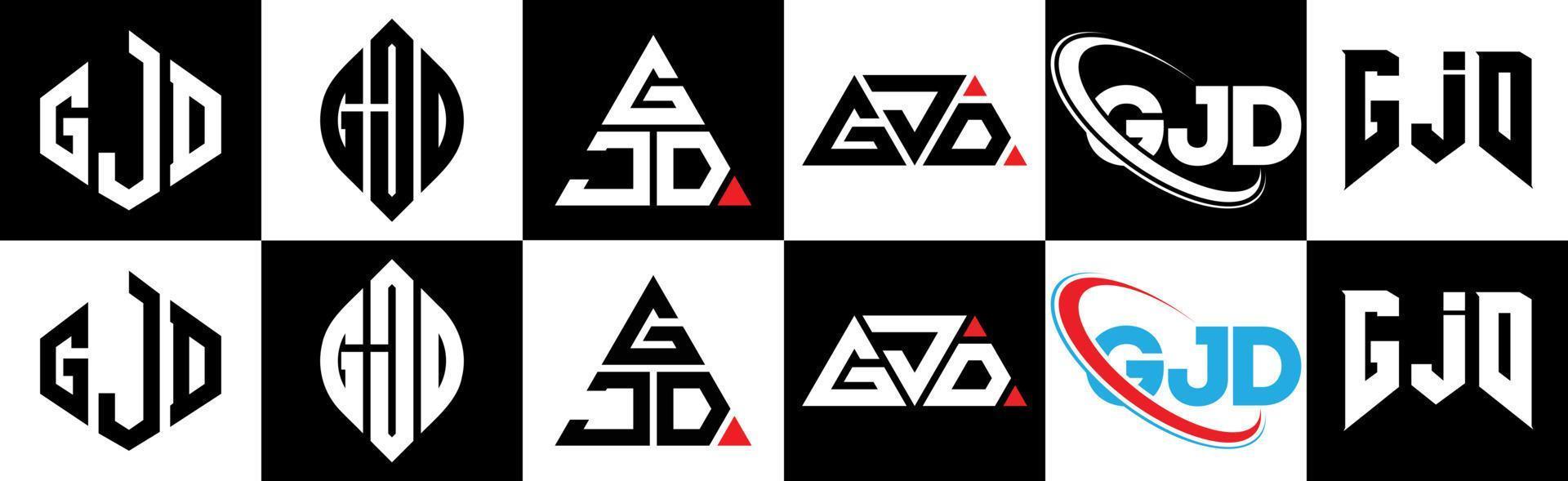 design de logotipo de carta gjd em seis estilos. polígono gjd, círculo, triângulo, hexágono, estilo plano e simples com logotipo de carta de variação de cor preto e branco definido em uma prancheta. gjd logotipo minimalista e clássico vetor