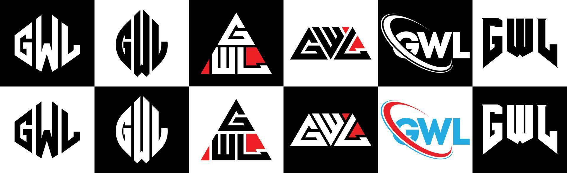 design de logotipo de carta gwl em seis estilos. polígono gwl, círculo, triângulo, hexágono, estilo plano e simples com logotipo de carta de variação de cor preto e branco definido em uma prancheta. gwl logotipo minimalista e clássico vetor