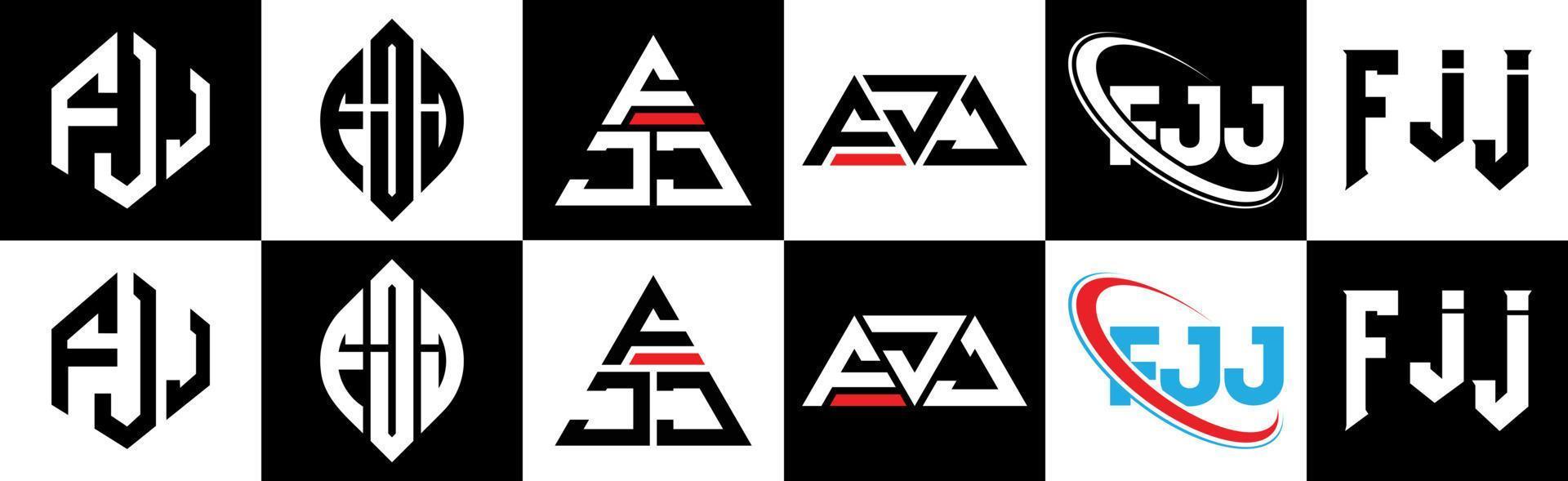 design do logotipo da letra fjj em seis estilos. polígono fjj, círculo, triângulo, hexágono, estilo plano e simples com logotipo de carta de variação de cor preto e branco definido em uma prancheta. fjj logotipo minimalista e clássico vetor