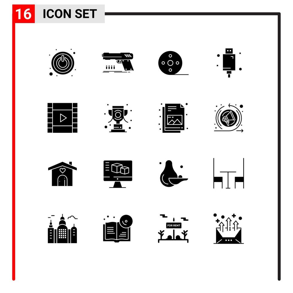 conjunto de 16 pacotes de glifos sólidos comerciais para álbum eletrônico de filme elementos de design de vetores editáveis de cabo elétrico