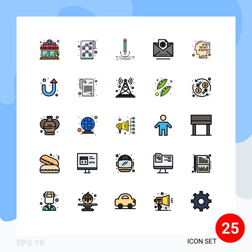 25 cores planas de linha preenchida universal definidas para aplicativos da web e móveis design binário humano vide e-mail editável elementos de design vetorial vetor