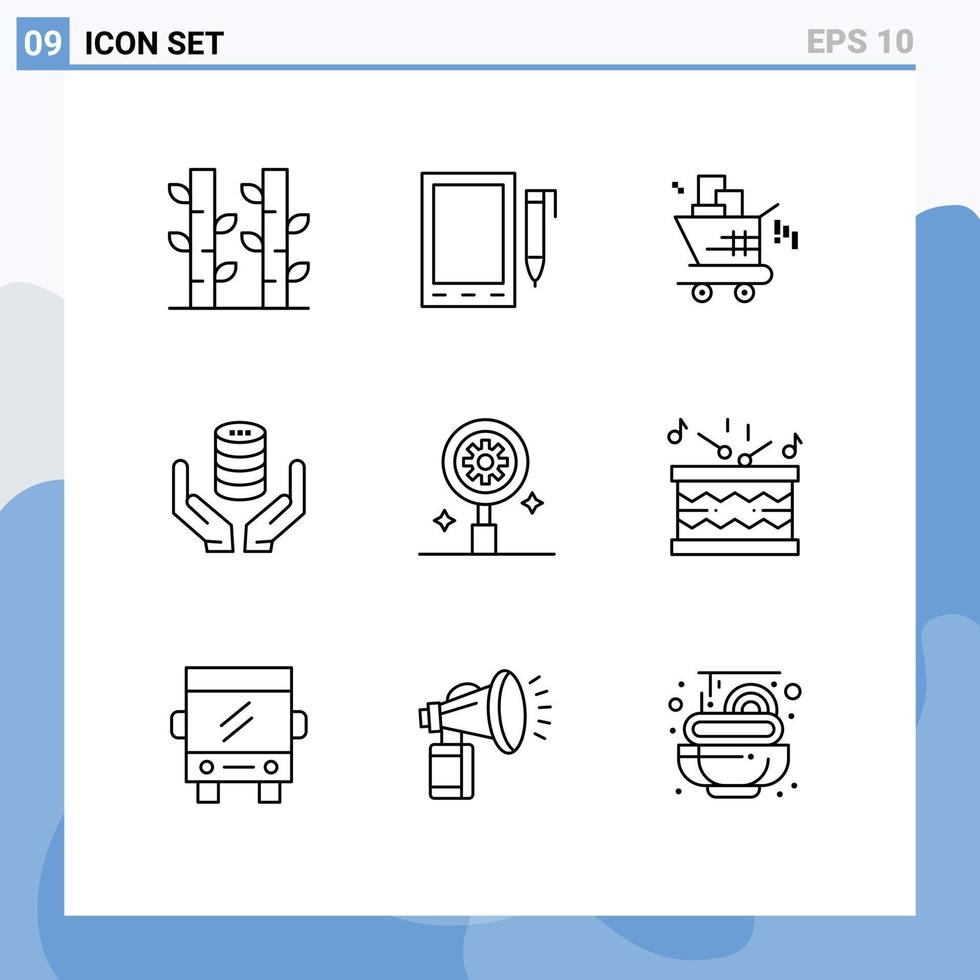 grupo de 9 contornos modernos definidos para pesquisa, carrinho seguro, banco de dados seguro, elementos de design de vetores editáveis