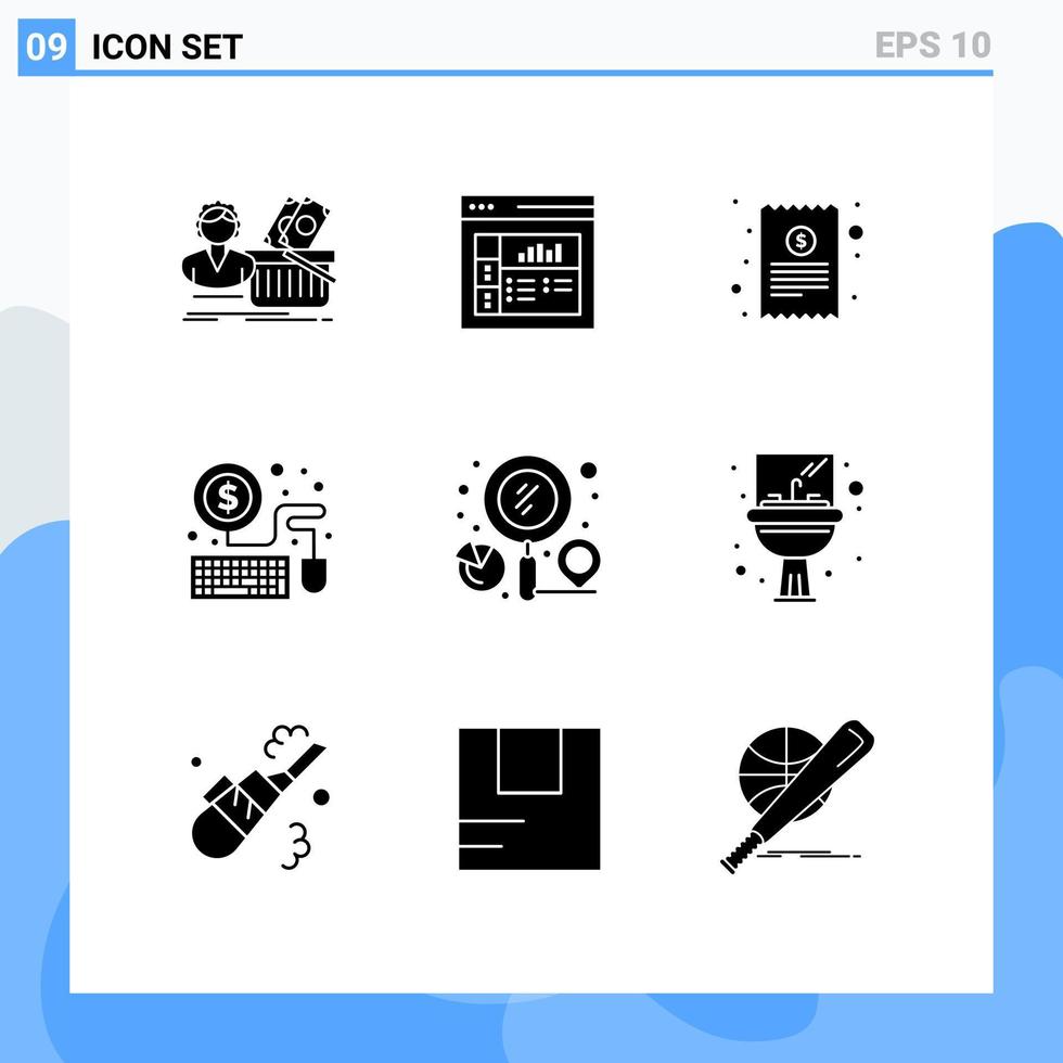 conjunto de glifos sólidos de interface móvel de 9 pictogramas de elementos de design de vetores editáveis de mouse de economia de localização