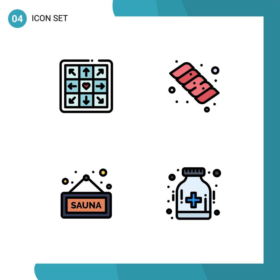 conjunto de cores planas de linha preenchida de interface móvel de 4 pictogramas de etiqueta de dança elementos de design de vetores editáveis de drogas de fitness de acampamento