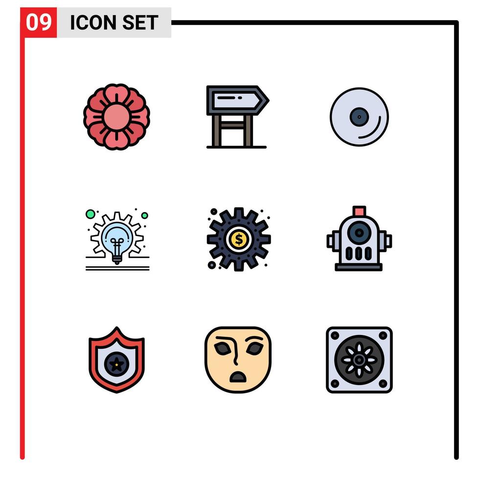 conjunto de cores planas de linha preenchida de interface móvel de 9 pictogramas de engrenagens de dinheiro conceito de ideia de cd elementos de design de vetores editáveis