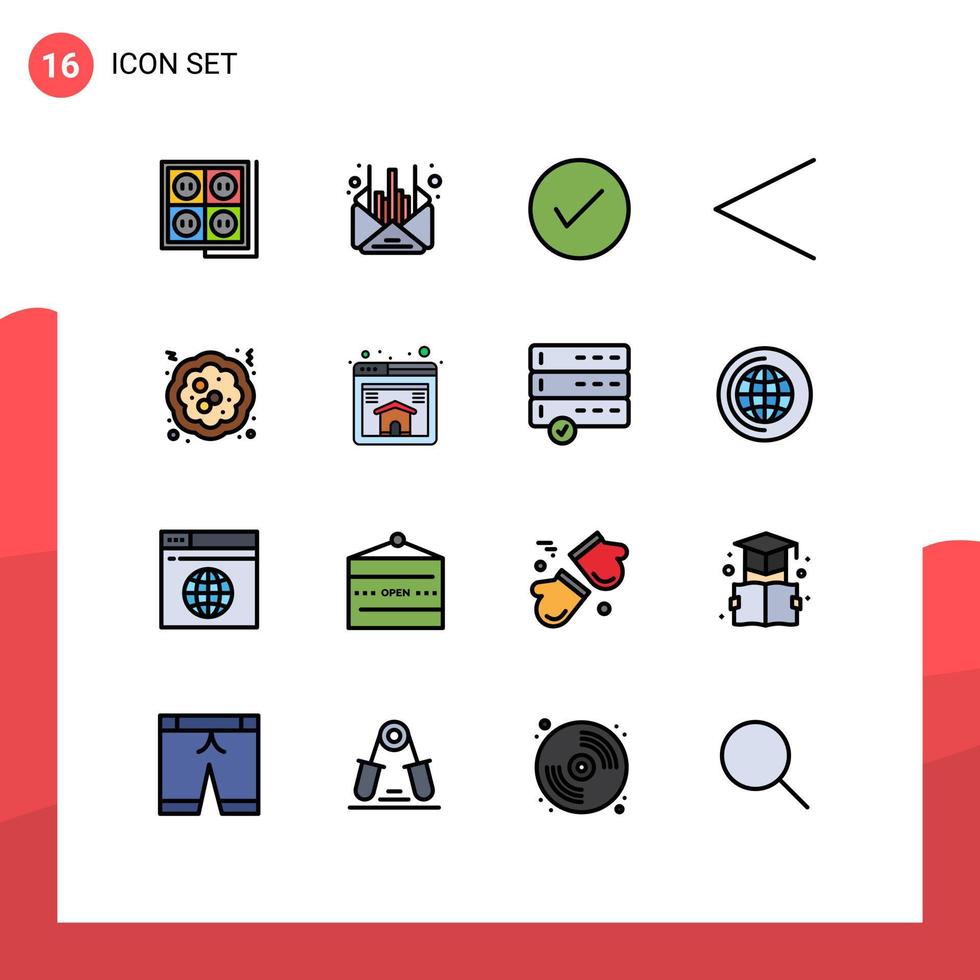 16 linhas preenchidas de cores planas universais definidas para aplicativos da web e móveis seta de mensagem esquerda do bolo ok elementos de design de vetores criativos editáveis