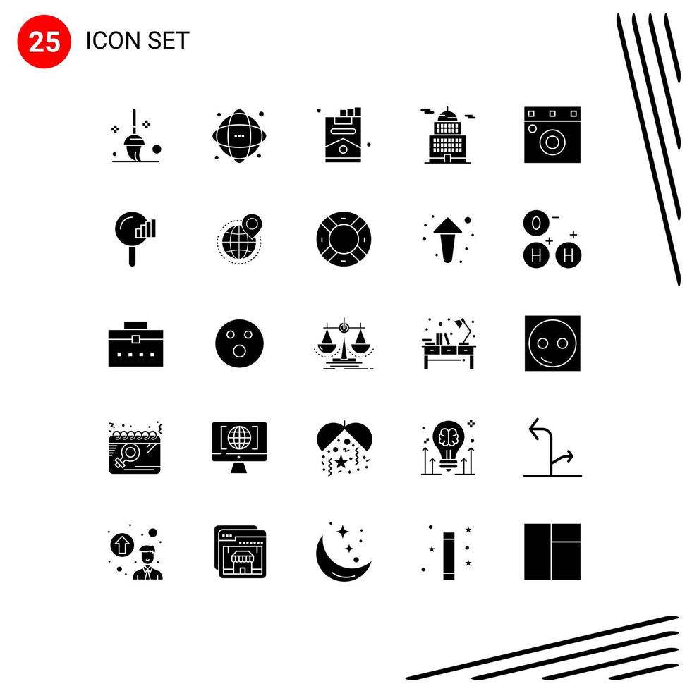 conjunto de pictogramas de 25 glifos sólidos simples de elementos de design de vetores editáveis da administração do governo do charuto do museu interior