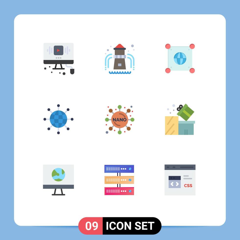 conjunto de pictogramas de 9 cores planas simples de mundo de globo terrestre de química conectar elementos de design de vetores editáveis