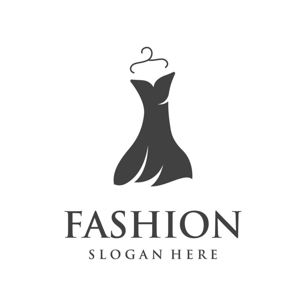 modelo de logotipo de moda feminina com cabide, roupas de luxo. logotipo para negócios, boutique, loja de moda, modelo, compras e beleza. vetor