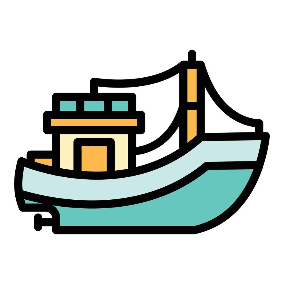 vetor de contorno de cor de ícone de navio de pesca de madeira