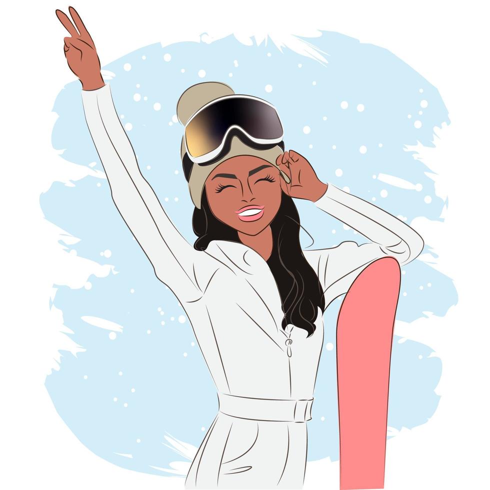 mulher elegante em óculos de esqui em uma estação de esqui, moda, ilustração vetorial vetor
