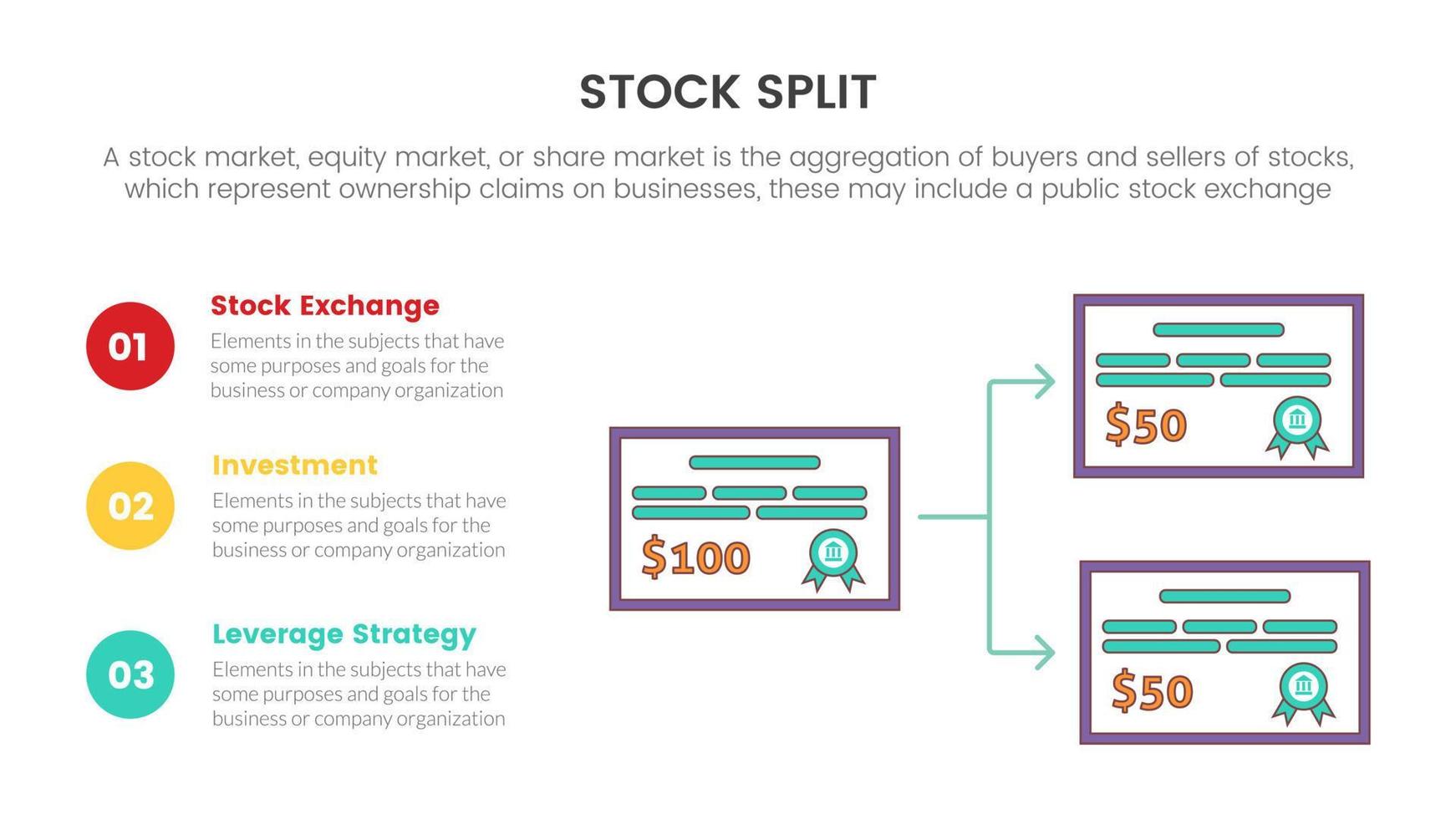 conceito de infográfico de troca de mercado de ações dividido para apresentação de slides com lista de 3 pontos vetor