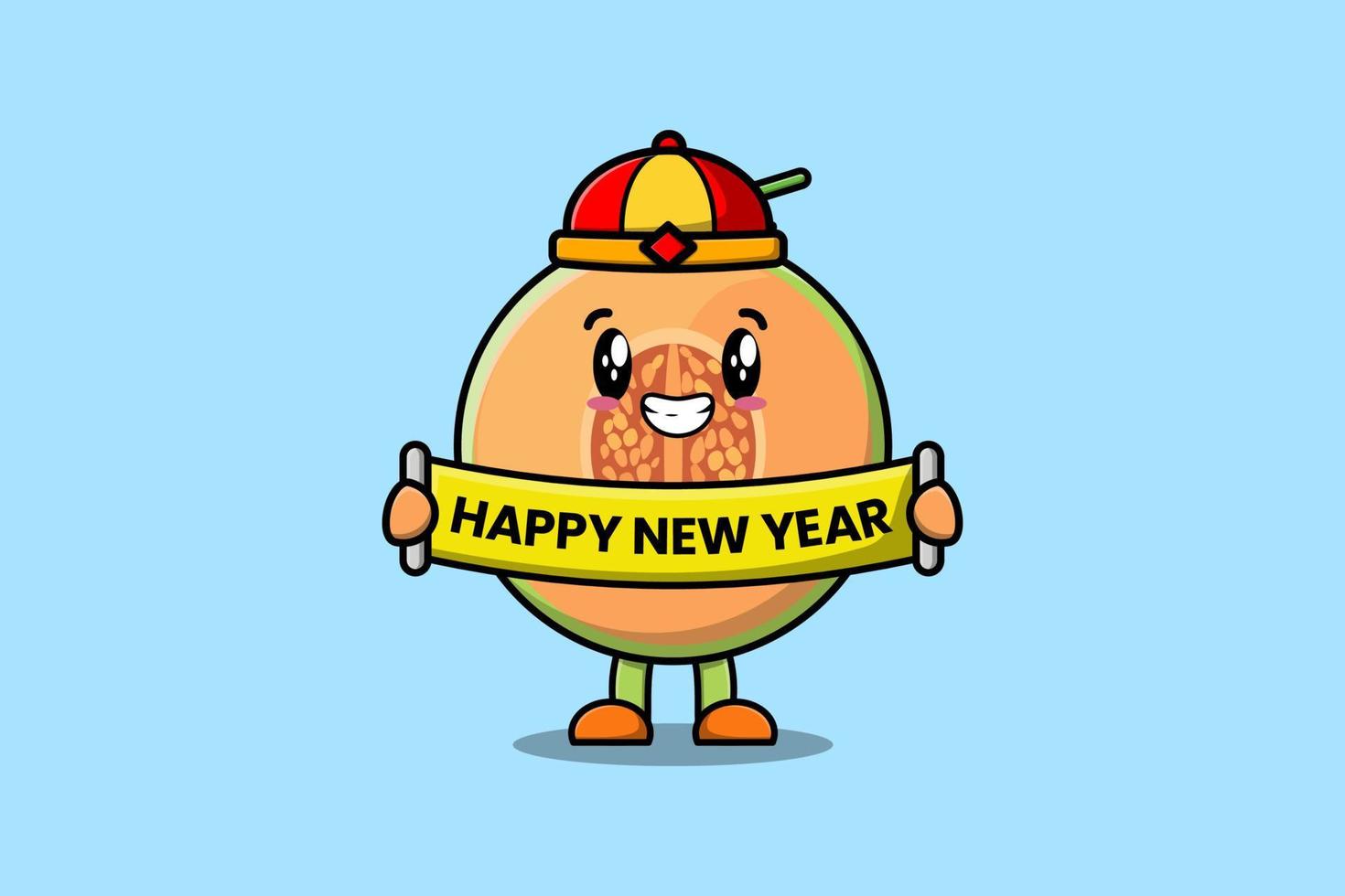 desenho animado melão chinês segurando placa de feliz ano novo vetor