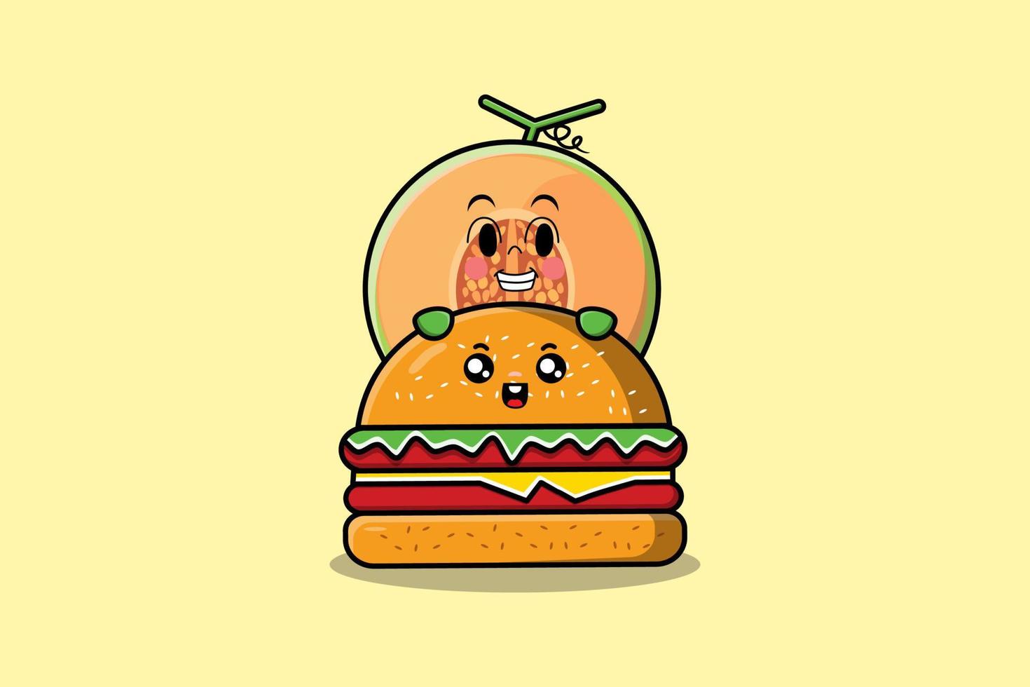 personagem de desenho animado de melão bonito escondido no hambúrguer vetor