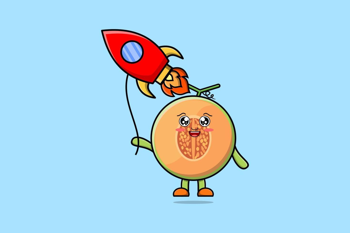 melão bonito dos desenhos animados flutuando com balão de foguete vetor