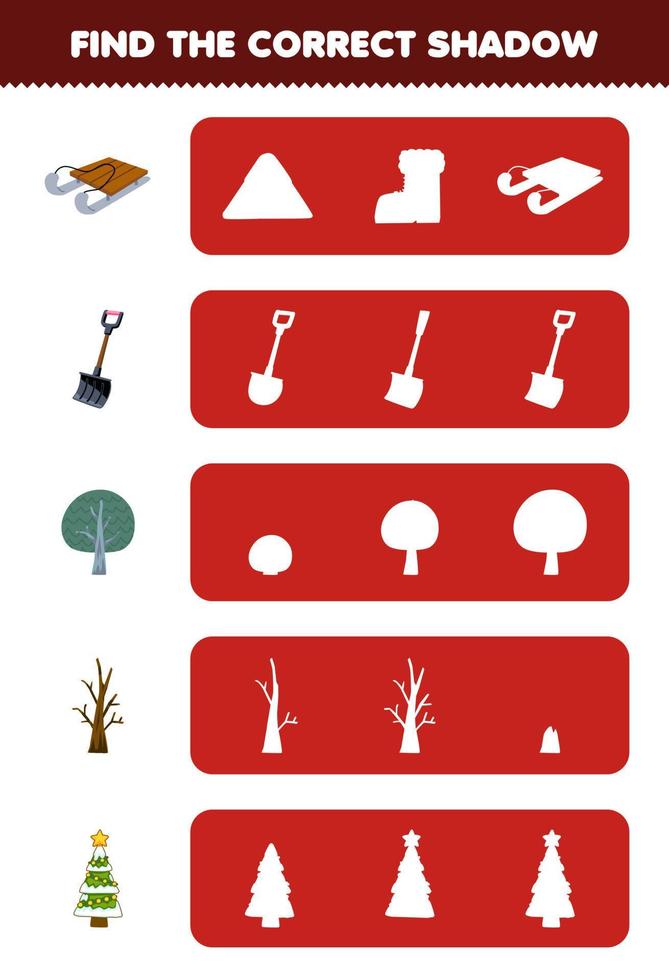 jogo de educação para crianças encontre a silhueta de sombra correta de trenó bonito dos desenhos animados pá galho de árvore árvore de natal planilha de inverno imprimível vetor