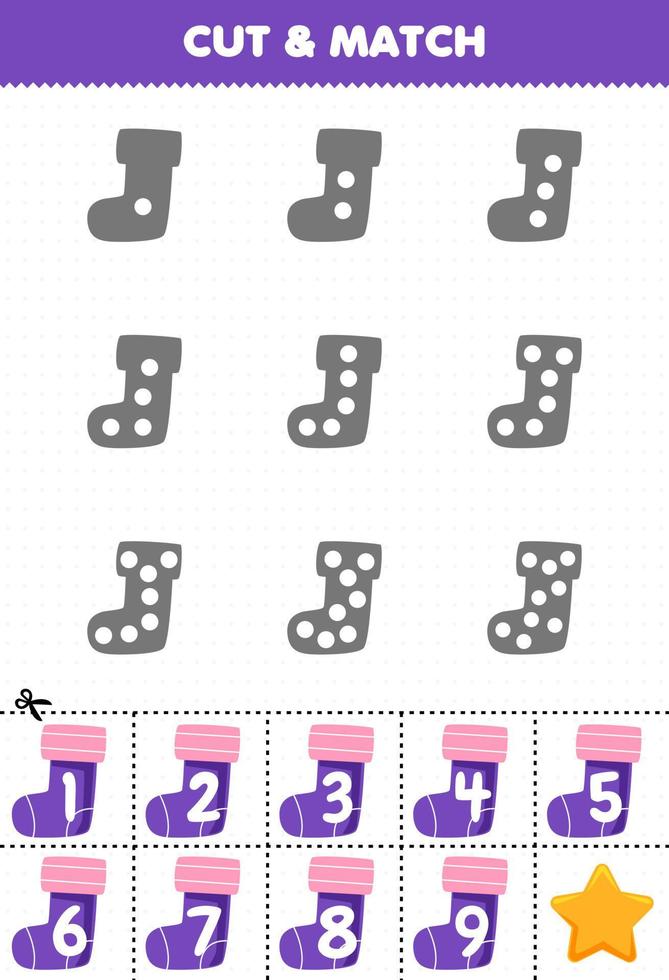 jogo educativo para crianças conte os pontos em cada silhueta e combine-os com a planilha de inverno imprimível de meia numerada correta vetor