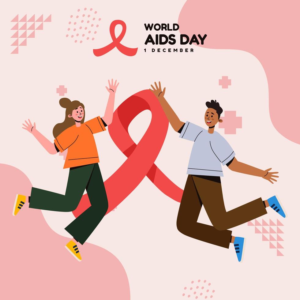 dia mundial da aids homem e mulher pulando com cara feliz com símbolo de paz grande fita vermelha vetor
