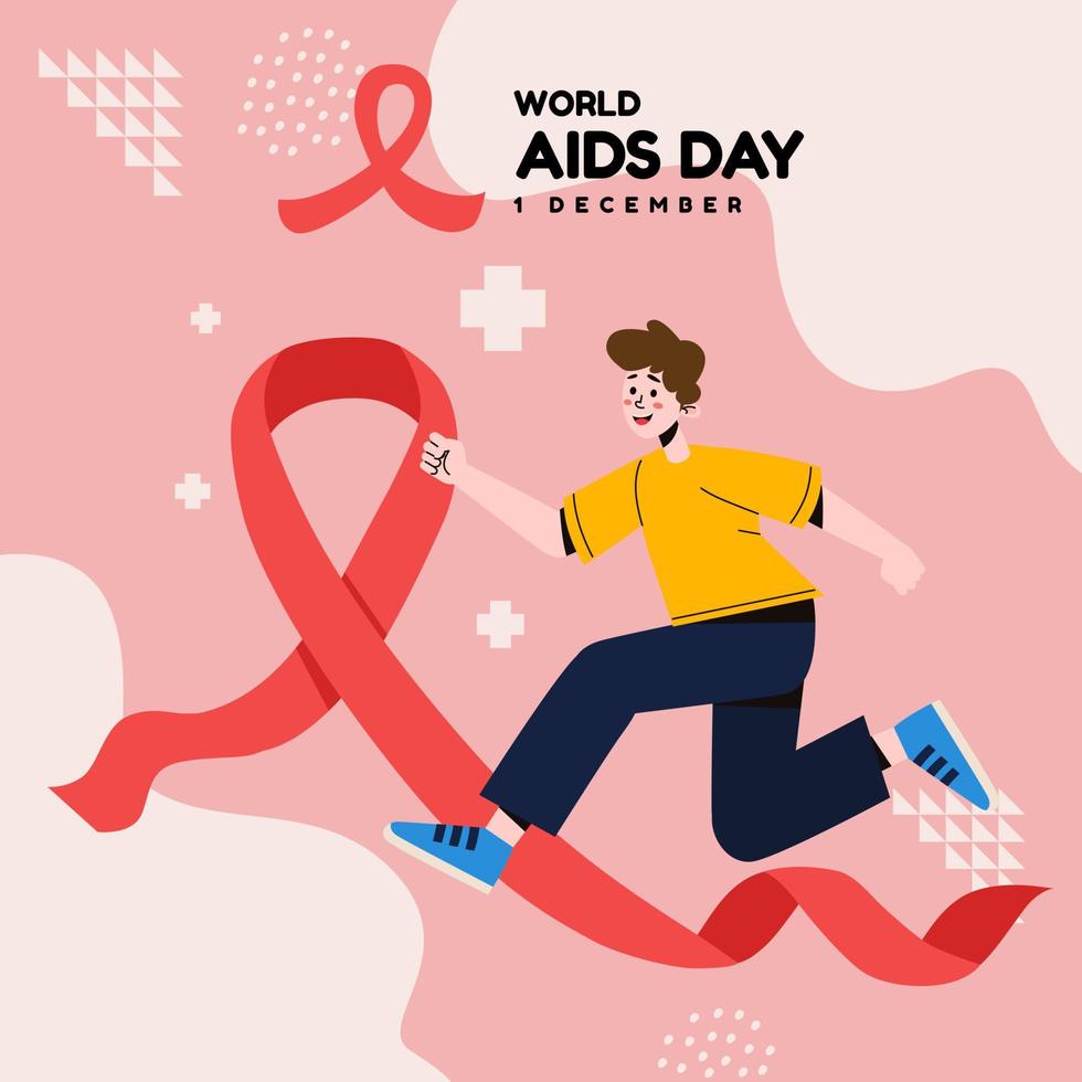 dia mundial da aids homem correndo com longa fita vermelha símbolo de paz campign banner flayer vetor