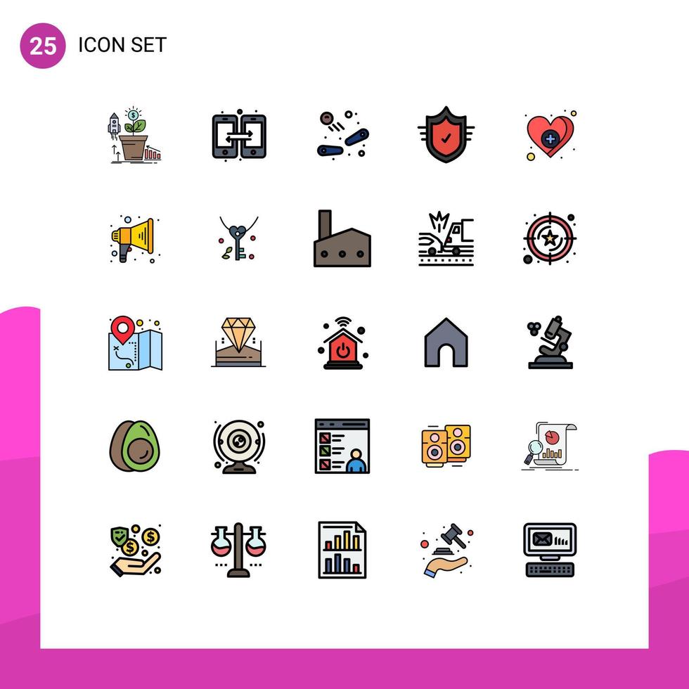 Conceito de cor plana de 25 linhas preenchidas para sites móveis e aplicativos, proteção móvel segura do coração, reprodução de elementos de design vetorial editáveis vetor