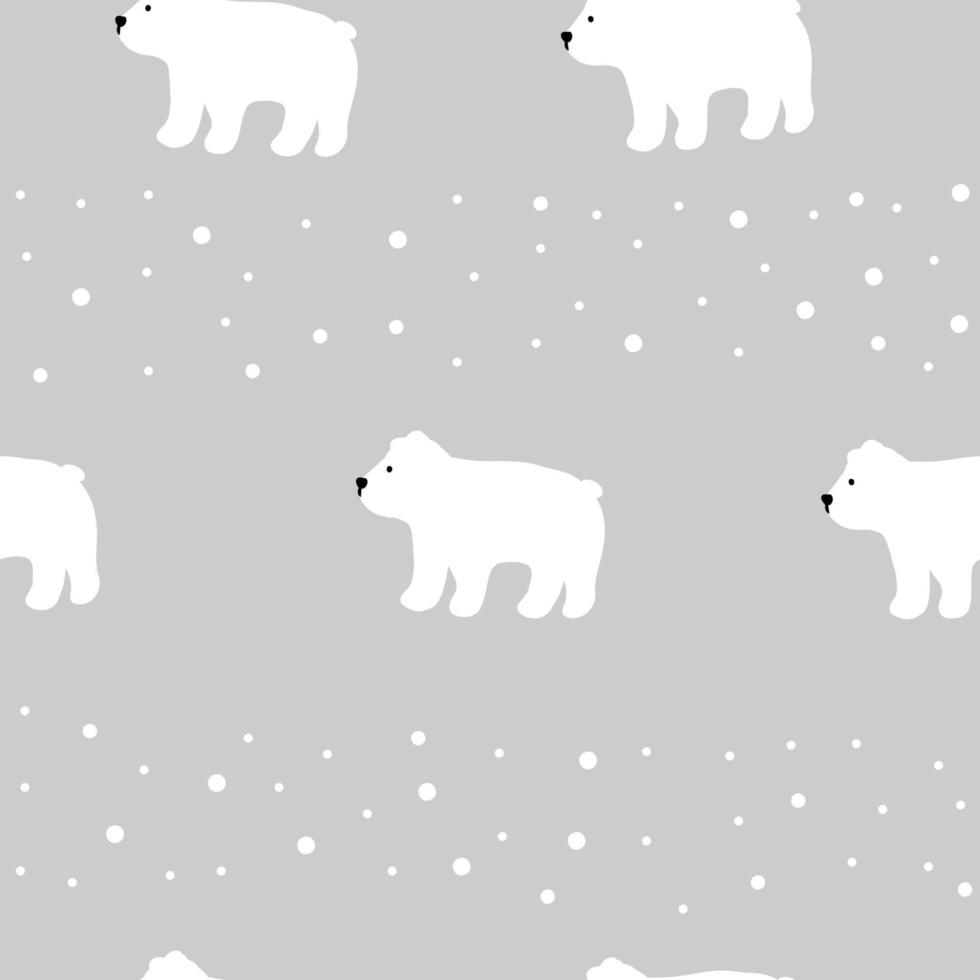 feliz ano novo e padrão perfeito de celebração de natal com urso polar branco e neve em fundo cinza, impressão unissex macia para papel de parede, design de capa, embalagem, decoração de férias, ilustração de bebê. vetor