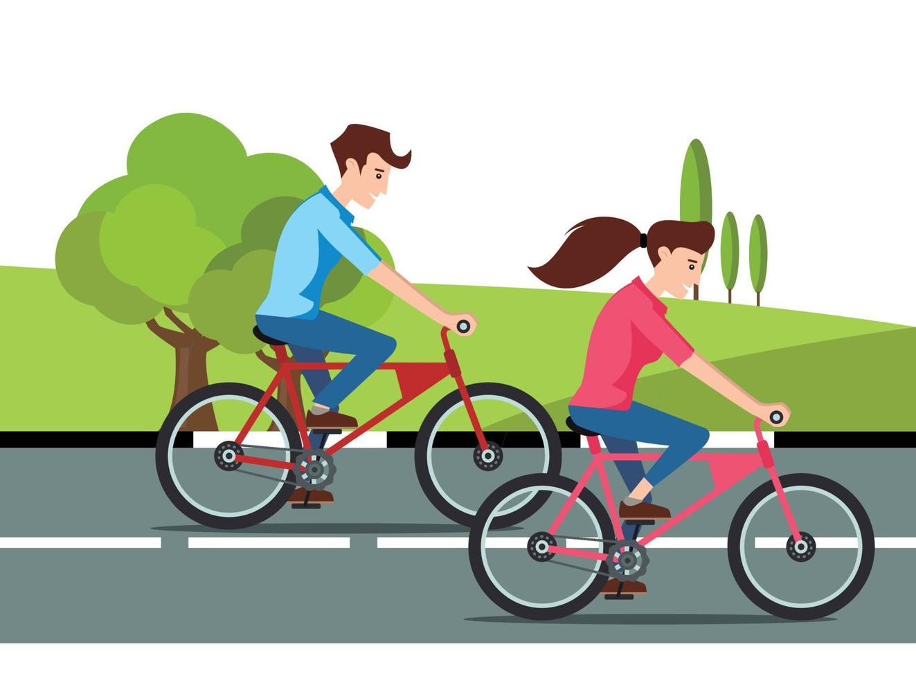 ilustração de andar de bicicleta no parque com a família, na estrada em dia ensolarado. adequado para diagramas, infográficos e outros ativos gráficos vetor