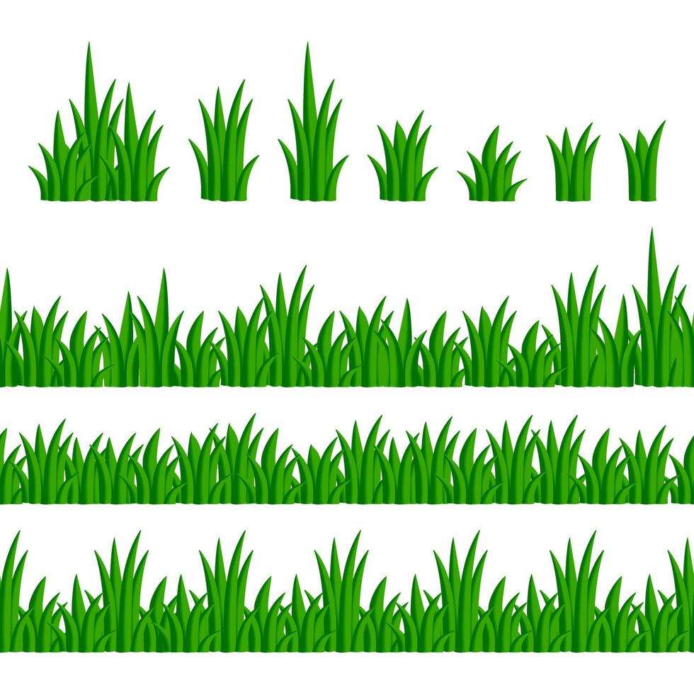 conjunto de cachos, arbustos, bordas sem costura de grama verde sobre um fundo branco. grama verde dos desenhos animados e bordas de ervas. ilustração vetorial. vetor