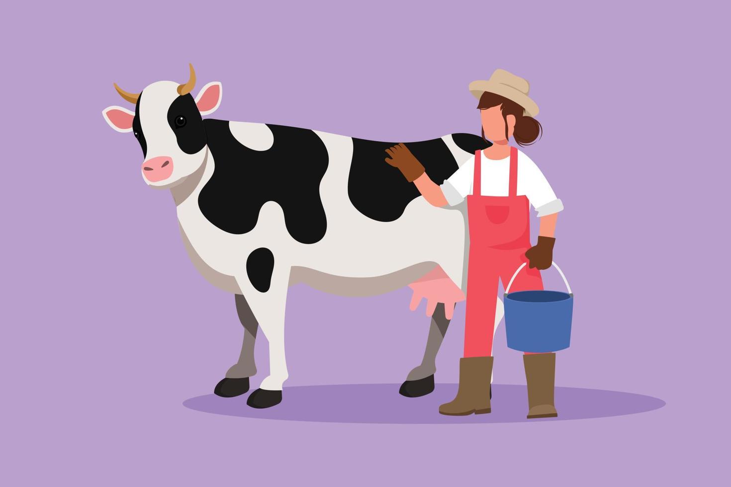 design gráfico plano desenhando personagem de agricultora em pé perto de vaca com balde. mulher alimentando animal de fazenda. linda cena rural com pastora abraçando adorável bezerro. ilustração vetorial de estilo cartoon vetor