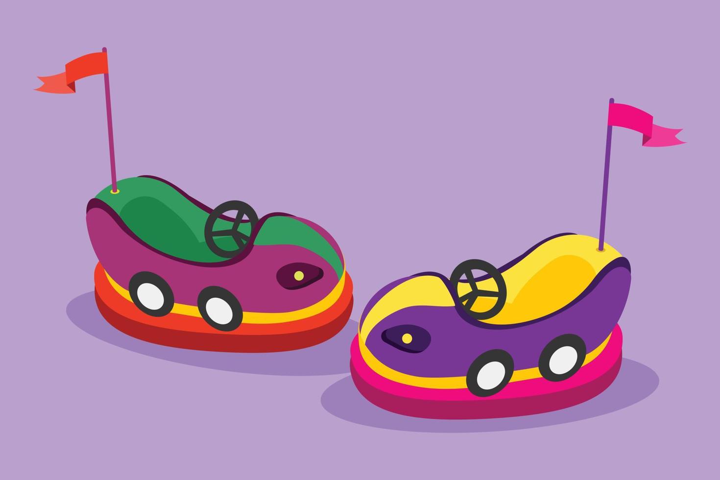 personagem plana desenhando dois carros elétricos coloridos dodgem na arena do parque de diversões. carro bate-bate para crianças no festival parque de diversões. memórias de infância felizes brincam com os amigos. ilustração vetorial de design de desenho animado vetor