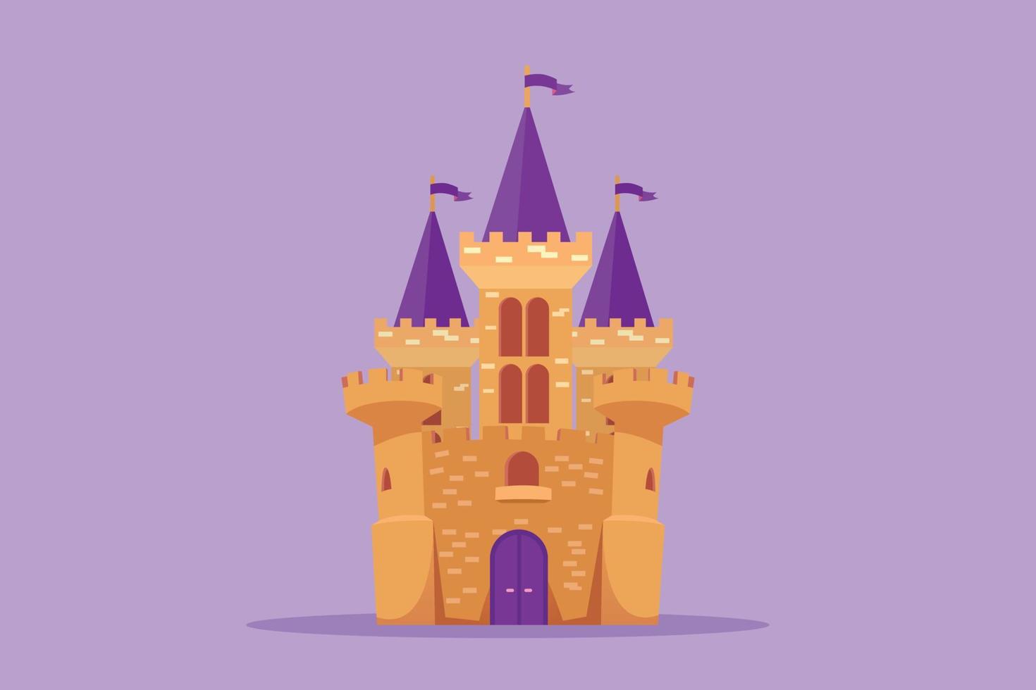 castelo de desenho de estilo plano dos desenhos animados no parque de diversões com três torres e bandeiras nele. forte que contém atmosfera em conto de fadas. palácio onde vivia a família real. ilustração vetorial de design gráfico vetor