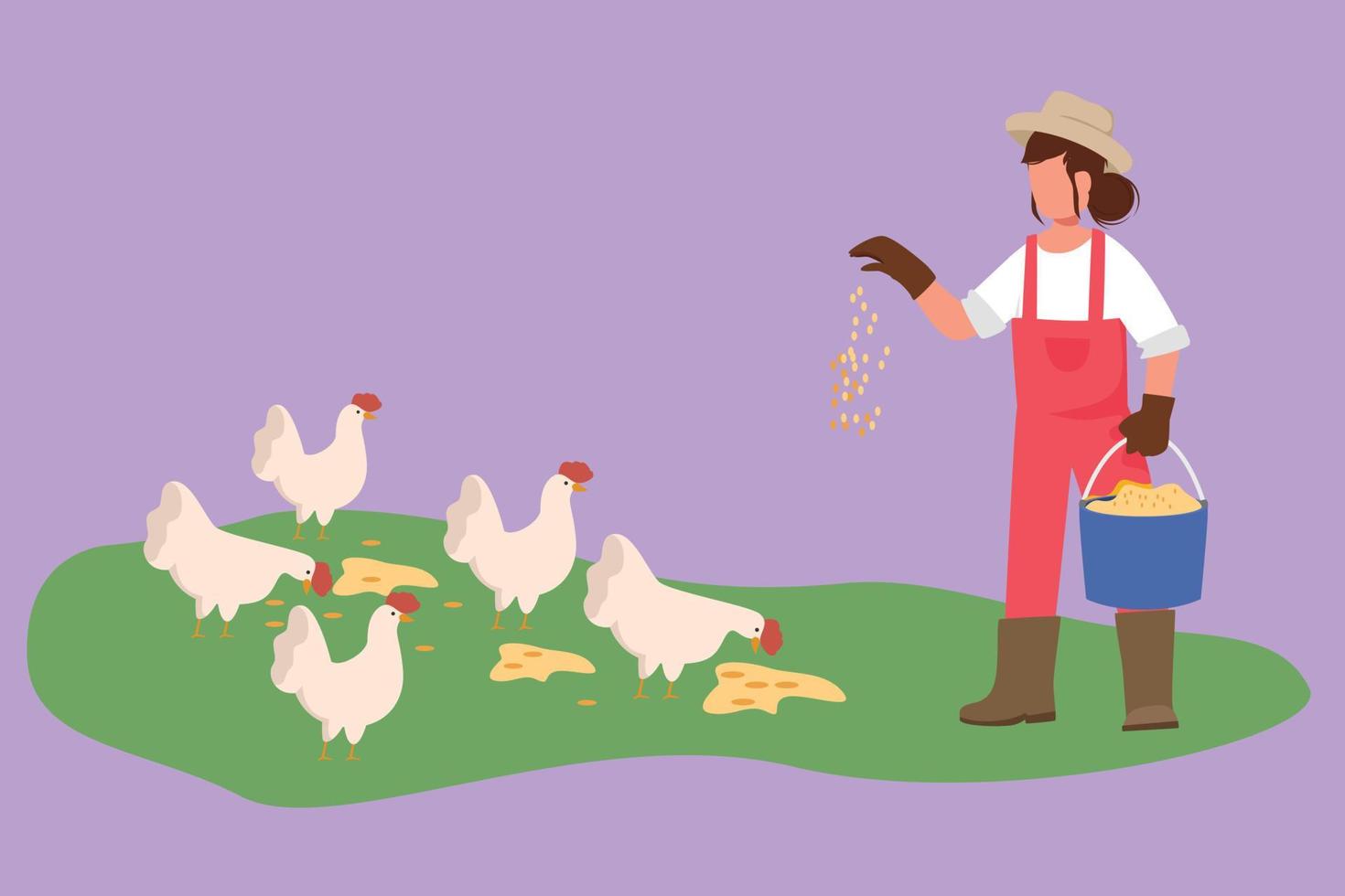 design plano gráfico desenhando mulher agricultora segurando balde de sementes e alimentando galinhas e galinhas. agricultura rural. cena rural com trabalhador agrícola e aves. ilustração vetorial de estilo cartoon vetor