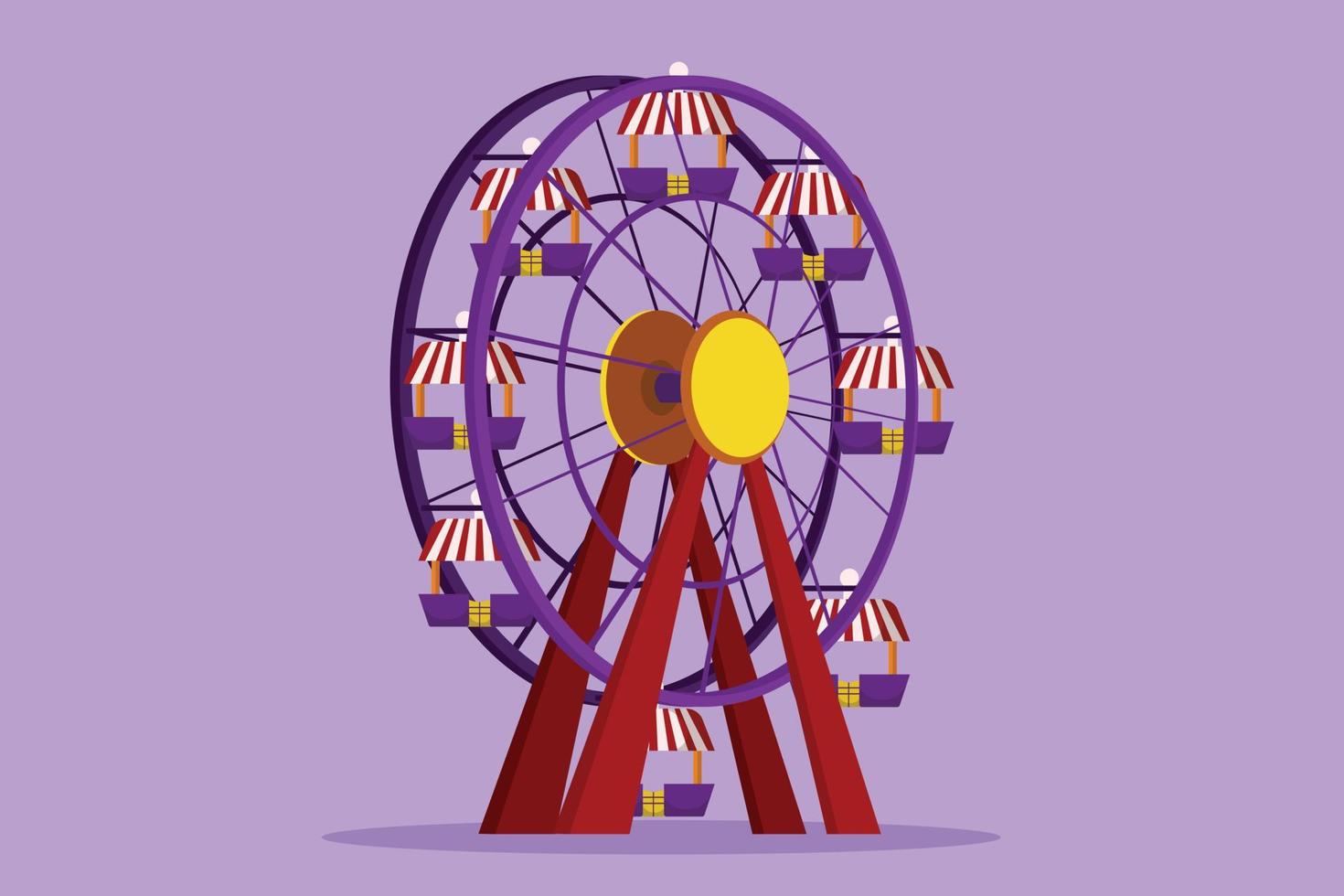 desenho animado estilo plano de roda gigante colorida em um parque de diversões, um grande círculo circular alto no céu. passeios recreativos interessantes para famílias felizes. ilustração vetorial de design gráfico vetor